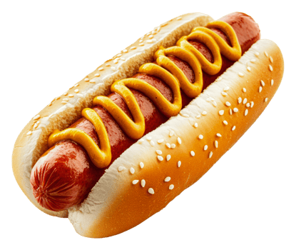 Delicious hot dog with mustard on a sesame bun, cut out - stock . png