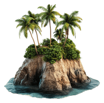 Tropical island with palm trees in serene waters, cut out - stock . png