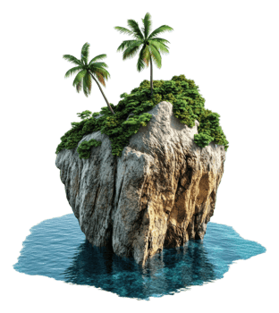 Tropical island with palm trees and water, cut out - stock . png