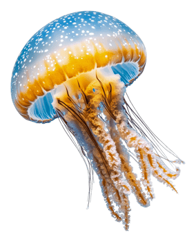 Blue and yellow jellyfish swimming in clear water, cut out - stock . png