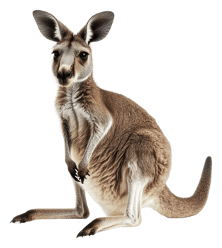Kangaroo relaxes indoors in sunlight, cut out - stock . png