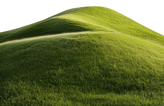 Rolling green hills with vibrant grass in sunlight, cut out - stock . png