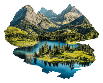 Majestic mountain landscape with a serene lake, cut out - stock . png