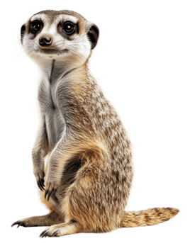 Curious meerkat standing upright in bright light, cut out - stock . png