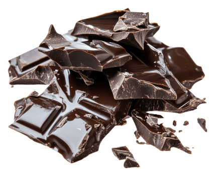 Dark chocolate pieces on a white background, cut out - stock . png