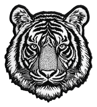 Detailed embroidered tiger head design on fabric, cut out - stock . png