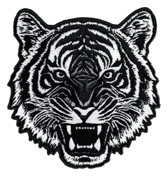 Bold tiger head patch design in black and white, cut out - stock . png