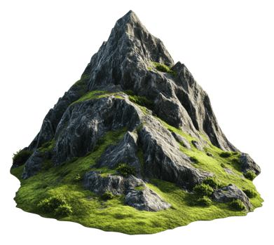 Majestic mountain peak with lush green vegetation, cut out - stock . png