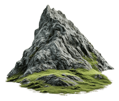 Rocky mountain peak with lush grass surrounding it, cut out - stock . png
