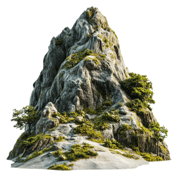 Tall rocky mountain surrounded by lush greenery, cut out - stock . png