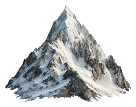 Snow-covered mountain peak rises against white sky, cut out - stock . png
