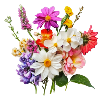 Colorful bouquet of fresh spring flowers in bloom, cut out - stock . png
