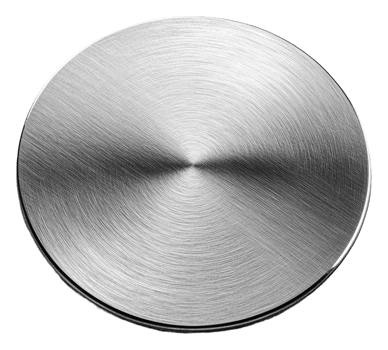 Shiny metal circular plate resting on a surface, cut out - stock . png