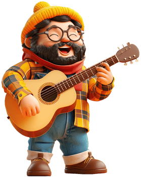 A cartoon man with glasses and a hat playing an acoustic guitar png