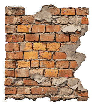 Faded brick wall with peeling mortar, cut out - stock . png
