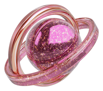 Beautiful pink glittery sphere with rings in space, cut out - stock . png