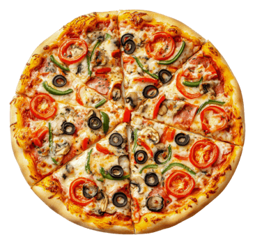 Delicious pizza topped with vegetables and meats, cut out - stock . png