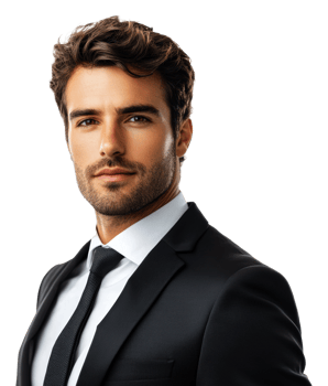 Young man in suit, confident look, cut out - stock . png