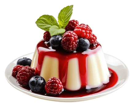 Panna cotta with berries and sauce, cut out - stock . png