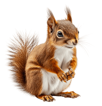 A playful squirrel posing in bright light outdoors, cut out - stock . png
