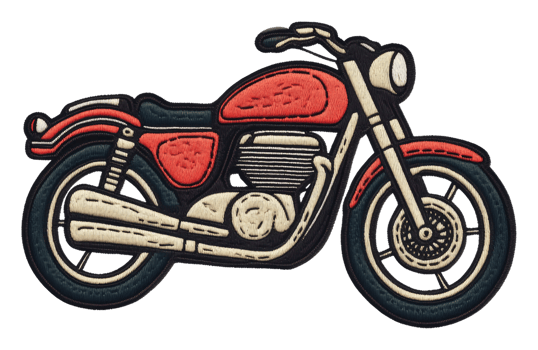Red vintage motorcycle embroidery design on fabric, cut out - stock . png