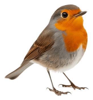 Small bird with orange chest perched indoors, cut out - stock . png