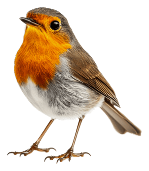 A European robin perched proudly in natural light, cut out - stock . png