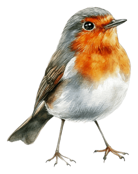 Realistic robin illustration perched on two legs, cut out - stock . png