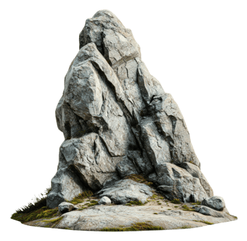 Large rugged rock formation with surrounding grass, cut out - stock . png