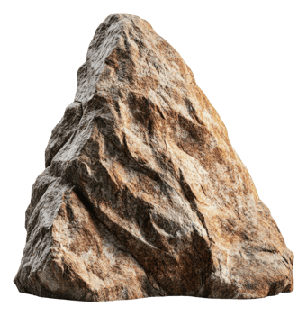 Natural rocky formation in sunlight on a plain, cut out - stock . png