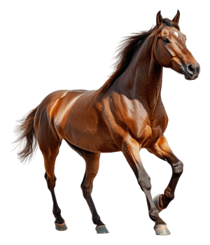 A strong brown horse trotting in a clear setting, cut out - stock . png
