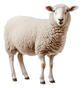 Close-up of a fluffy white sheep in natural pose, cut out - stock . png