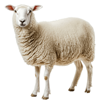 Soft and fluffy sheep standing on green grass, cut out - stock . png