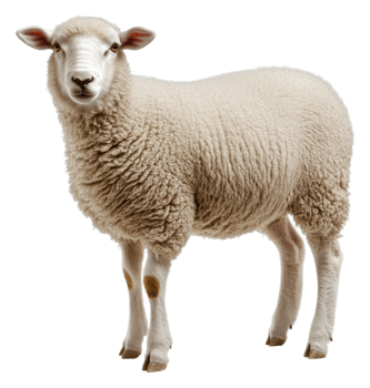 A fluffy white sheep standing on a farm field, cut out - stock . png