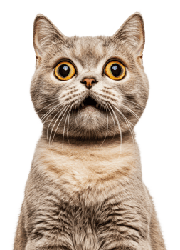 Surprised cat with wide eyes indoors at home, cut out - stock . png