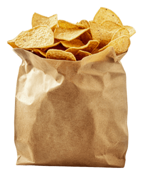 Golden tortilla chips in a paper bag on display, cut out - stock . png