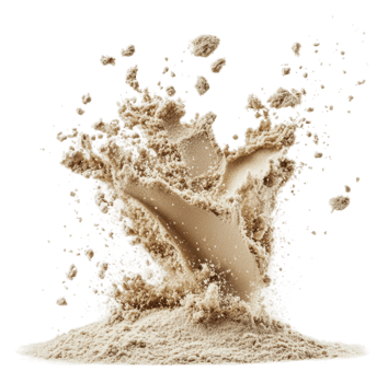 Sunlit dry sand bursts in construction, cut out - stock . png