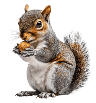 Squirrel eating a nut in a natural setting, cut out - stock . png
