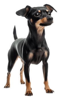 Small black and tan dog standing proudly indoors, cut out - stock . png