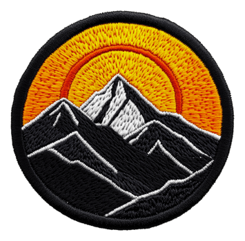 Colorful mountain patch with sunrise design, cut out - stock . png