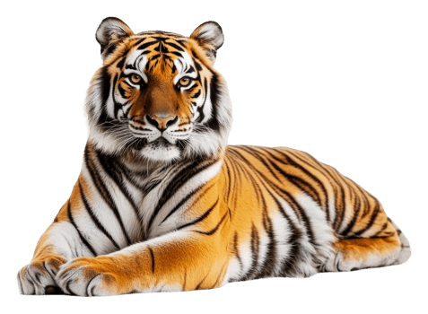 Majestic tiger resting in natural posture indoors, cut out - stock . png