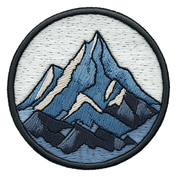 Mountain patch design featuring blue peaks and sky, cut out - stock . png