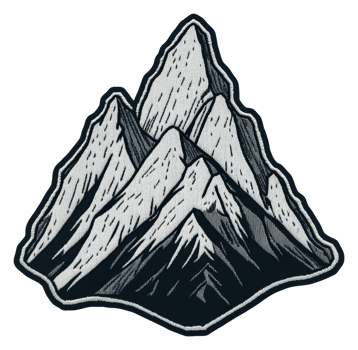 Intricate mountain embroidery patch, cut out - stock . png