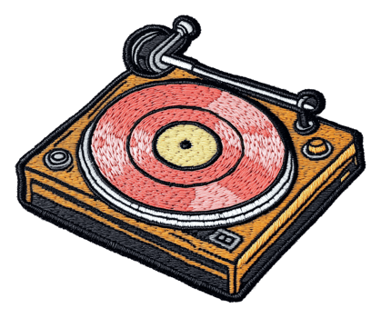Vintage turntable with pink record on display, cut out - stock . png