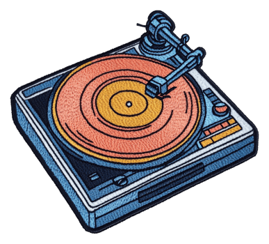 Vintage turntable with a vinyl record spinning, cut out - stock . png