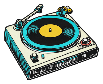 Vintage turntable playing a vinyl record at home, cut out - stock . png