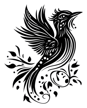 Elegant black bird with flowing feathers, cut out - stock . png