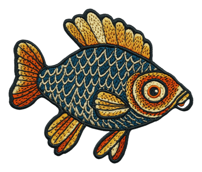 Intricate colorful fish embroidery, cut out - stock . png