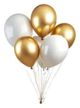 Elegant gold and white balloons for celebrations, cut out - stock . png