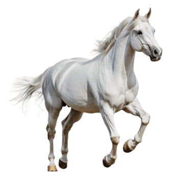 White horse gallops through sunlit field, cut out - stock . png
